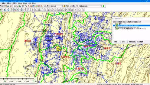 等高線疊加矢量路網、水系、行政邊界